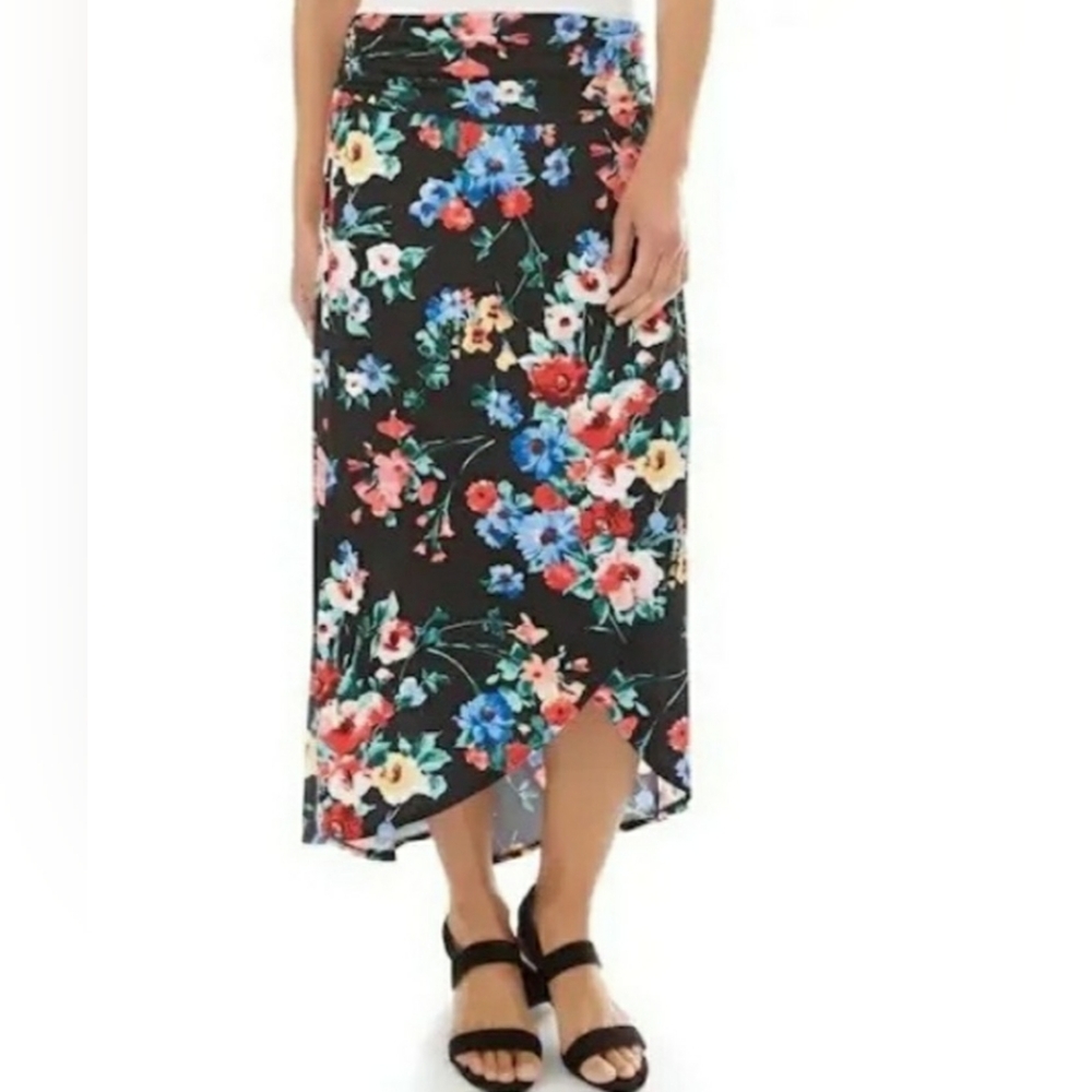 Apt. 9 Faux Wrap Black Floral Hi-lo Maxi Skirt Size M